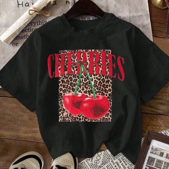 Black Casual Women's Leopard - Cherry Print Round Neck Short Sleeve T-Shirt - Picture 1 of 4